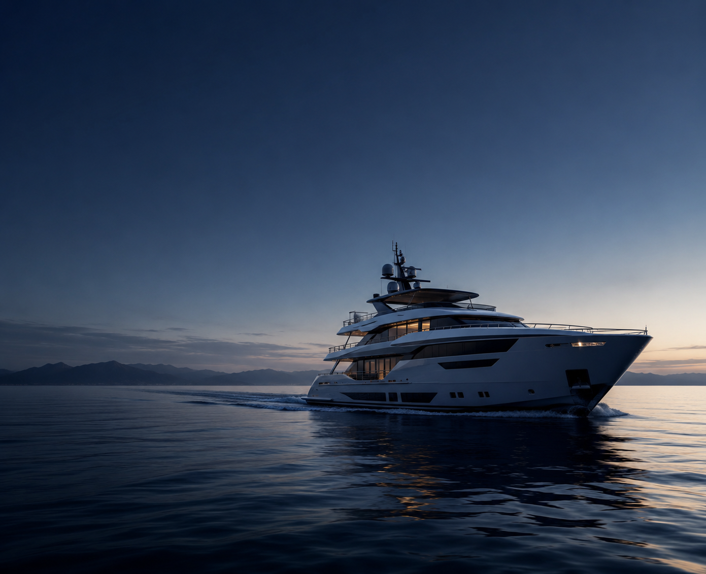 Superyacht cruising at dusk on calm waters